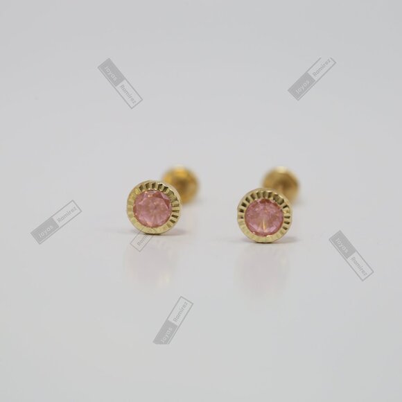 14K Solid Yellow Gold Round Pink CZ Stud Earrings • 4mm Feminine Elegant Design. - Picture 2 of 9